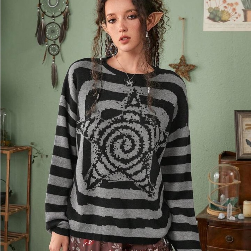 Fairycore Striped & Star Pattern Drop Shoulder Sweater